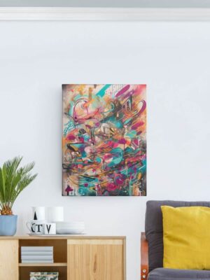 Tableau d’art abstrait aux couleurs vives et aux lignes fluides, parfait pour une décoration contemporaine.