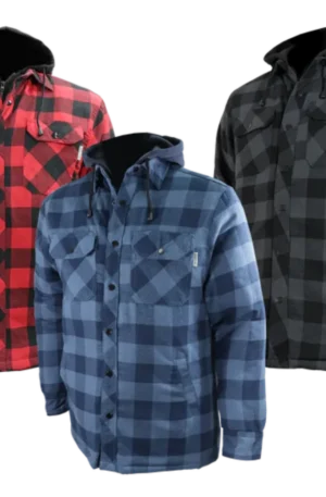 Chemise de flanelle doublée avec capuchon disponible en trois couleurs : noir et bleu, noir et gris, noir et rouge. Idéale pour le travail et les activités en extérieur.