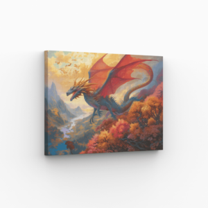 Tableau artistique de dragon majestueux en plein vol, avec des couleurs éclatantes et un paysage fantastique.