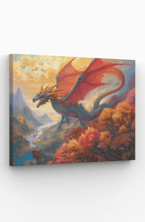 Tableau artistique de dragon majestueux en plein vol, avec des couleurs éclatantes et un paysage fantastique.