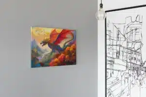 Tableau artistique de dragon majestueux en plein vol, avec des couleurs éclatantes et un paysage fantastique.