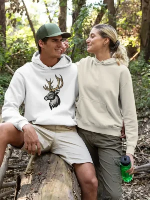 Homme portant un hoodie blanc avec un design de cerf majestueux, assis dans un cadre naturel.