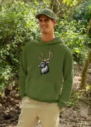 Homme portant un hoodie vert avec un design de cerf majestueux, assis dans un cadre naturel.