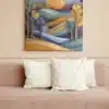 Tableau paysage artistique abstrait avec des formes ondulées et des couleurs vives.