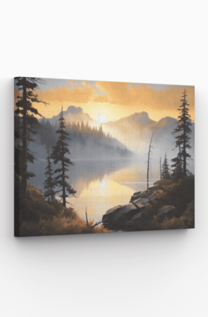 Tableau d’un lac entouré de montagnes avec un coucher de soleil doré