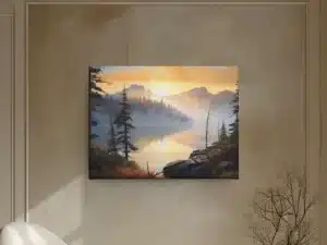 Tableau d’un lac entouré de montagnes avec un coucher de soleil doré