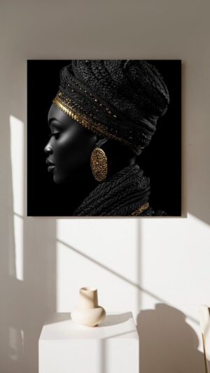 Portrait féminin avec un turban texturé et des boucles d’oreilles dorées sur fond noir, idéal pour une décoration élégante.