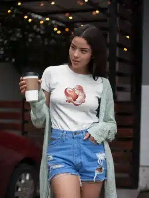 Femme portant un t-shirt blanc avec un design en forme de cœur artistique, idéal pour un look élégant.