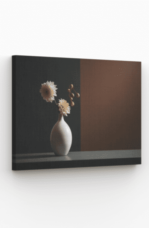 Tableau minimaliste avec vase moderne et fleurs lumineuses sur fond sombre.