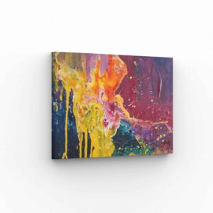 Tableau abstrait coloré avec des teintes vibrantes et des textures dynamiques pour une décoration moderne.