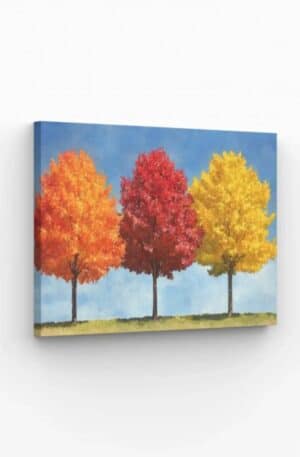 Trois arbres aux feuillages colorés en rouge, jaune et orange, parfait pour une décoration murale chaleureuse et naturelle.