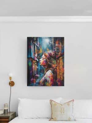 Portrait artistique d’une femme entourée d’éléments urbains et de couleurs vibrantes, idéal pour une décoration murale contemporaine.