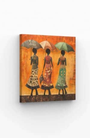 Femmes élégantes avec parapluies orange – tableau moderne