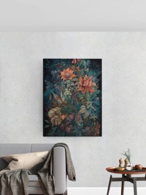 Tableau floral exotique avec des fleurs colorées sur fond sombre