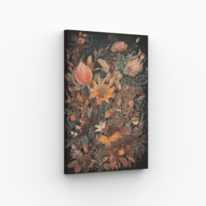 Tableau floral vibrant avec des détails de fleurs aux couleurs chaudes et élégantes, parfait pour la décoration intérieure.