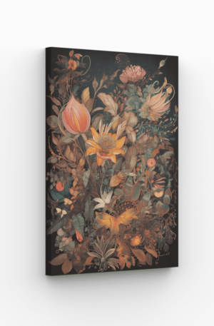 Tableau floral vibrant avec des détails de fleurs aux couleurs chaudes et élégantes, parfait pour la décoration intérieure.