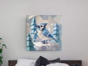 Illustration d’un oiseau en origami bleu dans un décor de forêt enneigée, parfait pour une décoration murale moderne.