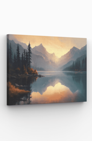 Tableau représentant un lac et des montagnes au coucher de soleil avec des teintes chaudes