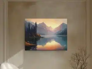 Tableau représentant un lac et des montagnes au coucher de soleil avec des teintes chaudes