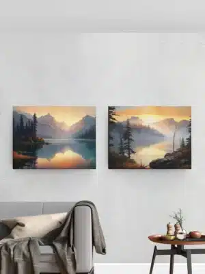 Tableau représentant un lac et des montagnes au coucher de soleil avec des teintes chaudes