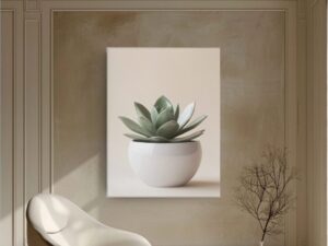 Tableau d’une plante verte dans un pot blanc moderne, idéal pour une décoration murale minimaliste et apaisante.