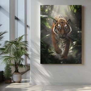 Tigre majestueux avançant dans une jungle éclairée, tableau idéal pour une décoration murale puissante et naturelle.