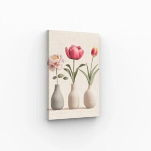 Fleurs dans des vases minimalistes, tableau décoratif pour un intérieur élégant.