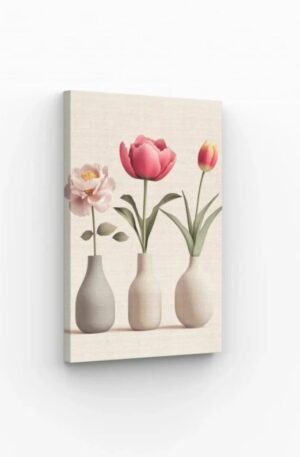 Fleurs dans des vases minimalistes, tableau décoratif pour un intérieur élégant.