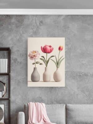 Fleurs dans des vases minimalistes, tableau décoratif pour un intérieur élégant.