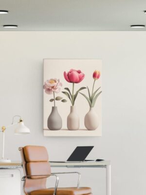 Fleurs dans des vases minimalistes, tableau décoratif pour un intérieur élégant.