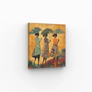 Tableau artistique de femmes africaines portant des parasols avec des motifs colorés.