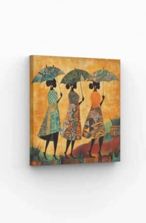 Tableau artistique de femmes africaines portant des parasols avec des motifs colorés.