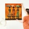 Femmes élégantes avec parapluies orange – tableau moderne