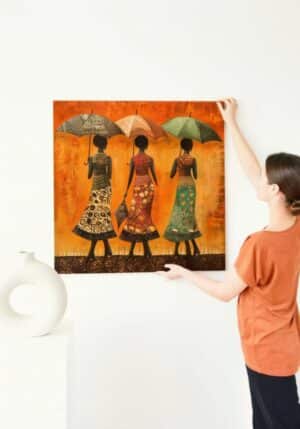 Femmes élégantes avec parapluies orange – tableau moderne