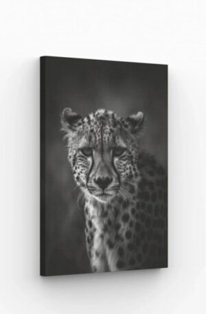 Portrait en noir et blanc d’un guépard majestueux, idéal pour une décoration murale élégante et intemporelle.