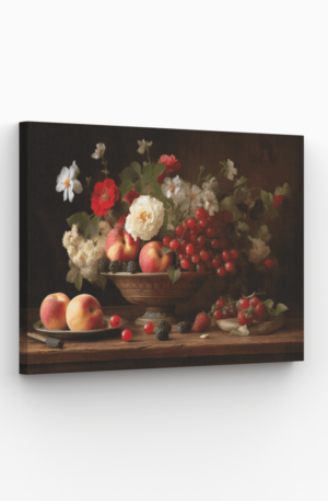 Nature morte artistique avec des fleurs rouges et blanches accompagnées de fruits variés dans un vase en bois rustique.