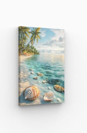 Plage tropicale avec des palmiers, du sable fin, des coquillages et une mer turquoise, tableau parfait pour une décoration murale relaxante.