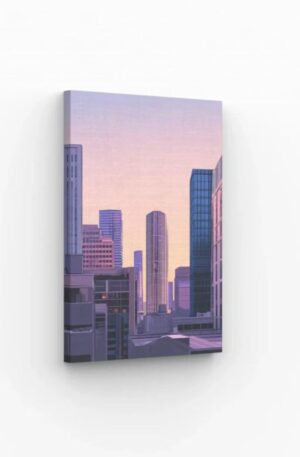 Skyline urbaine au coucher du soleil, avec des gratte-ciels modernes et un ciel pastel, parfait pour une décoration murale contemporaine.