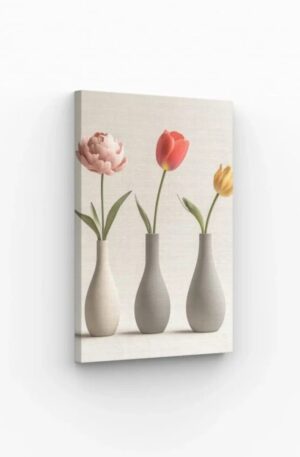 Trois vases modernes contenant des tulipes élégantes aux teintes pastel, parfait pour une décoration murale contemporaine et apaisante.