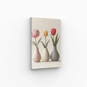 Trois vases minimalistes contenant des tulipes aux couleurs pastel et vives, idéal pour une décoration murale élégante et apaisante.