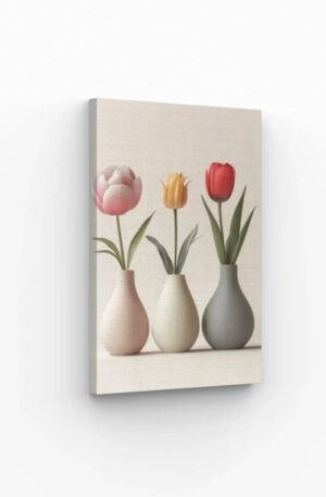 Trois vases minimalistes contenant des tulipes aux couleurs pastel et vives, idéal pour une décoration murale élégante et apaisante.