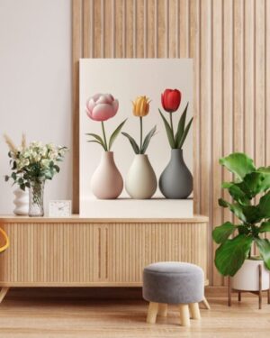 Trois vases minimalistes contenant des tulipes aux couleurs pastel et vives, idéal pour une décoration murale élégante et apaisante.