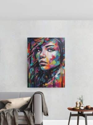 Portrait artistique abstrait aux couleurs éclatantes, idéal pour une décoration murale moderne et contemporaine.