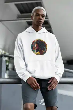 Hoodie abstrait noir et blanc avec motif artistique circulaire.