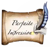 Logo de Parfaite Impression, représentant un parchemin ancien avec une plume encré écrivant le nom "Parfaite Impression.