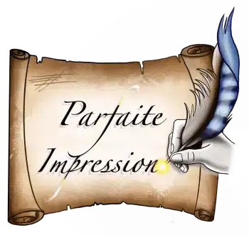 Logo de Parfaite Impression, représentant un parchemin ancien avec une plume encré écrivant le nom "Parfaite Impression.