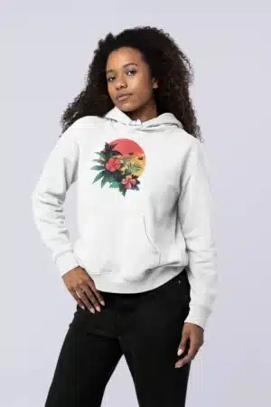 Hoodie floral exotique noir avec un design tropical coloré, idéal pour un look tendance et confortable.